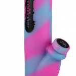 A front view of the PieceMaker Kermit Silicone Water Pipe, featuring a green, cylindrical form with a rounded base.