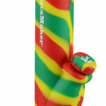 A front view of the PieceMaker Kermit Silicone Water Pipe, showcasing its vibrant green and red silicone construction.
