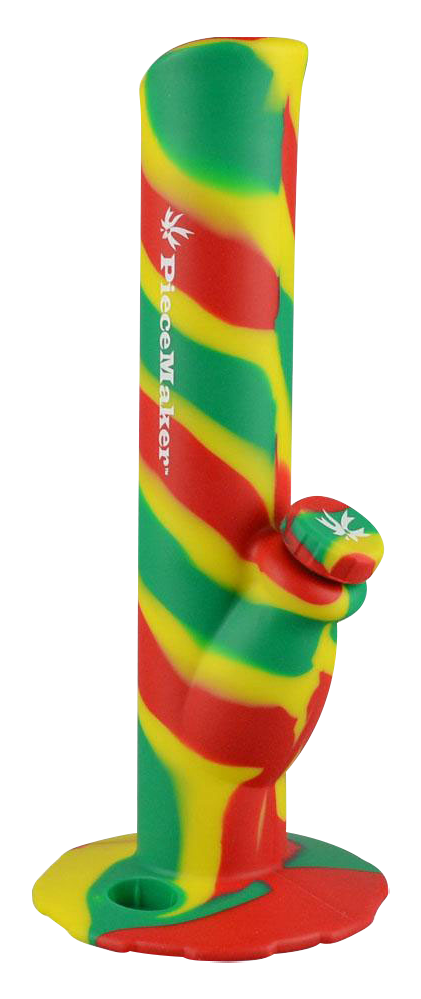 A front view of the PieceMaker Kermit Silicone Water Pipe, showcasing its vibrant green and red silicone construction.