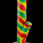 Colorful silicone water pipe with cannabis leaf branding.