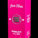 Pink box for “Puff Pass” Sherlock 4-inch pipe, featuring cannabis leaf graphics and text indicating it's for herbal use only.