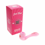 A close-up, angled view of the "Puff Puff Pass "Pink Kush" Strain Pipe" displaying its smooth, curved shape against a plain white background.