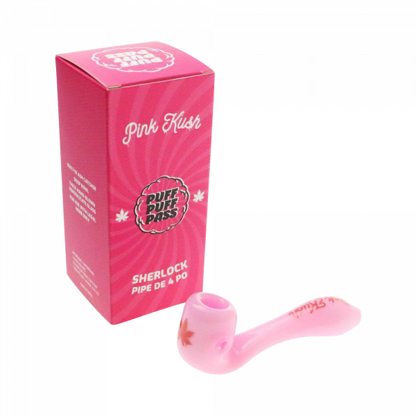 A close-up, angled view of the "Puff Puff Pass "Pink Kush" Strain Pipe" displaying its smooth, curved shape against a plain white background.