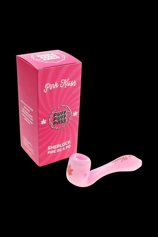 A close-up, angled view of the “Puff Puff Pass “Pink Kush” Strain Pipe” showcasing its curved design and smooth finish.