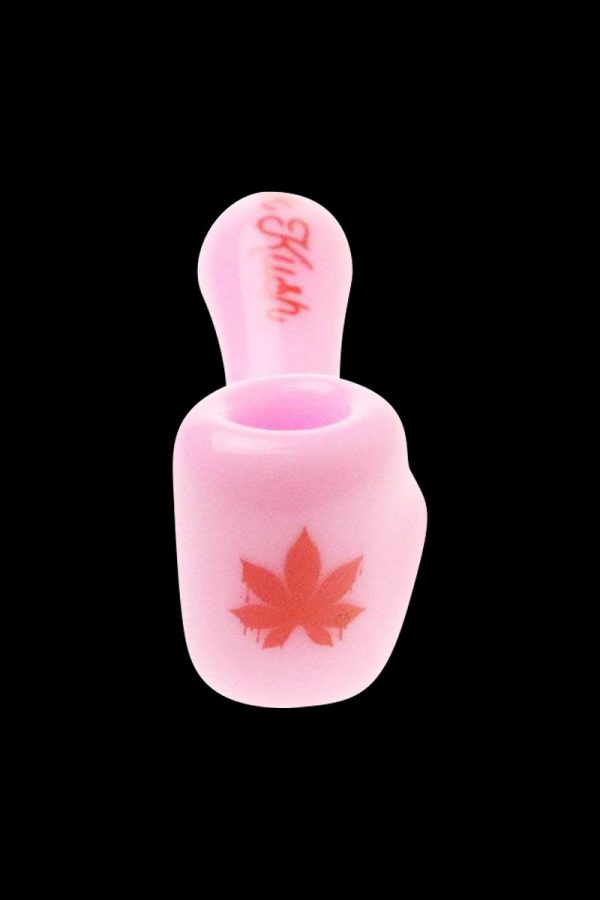 Front view of the “Puff Puff Pass Pink Kush” Strain Pipe, showcasing its simple, curved design against a dark background.