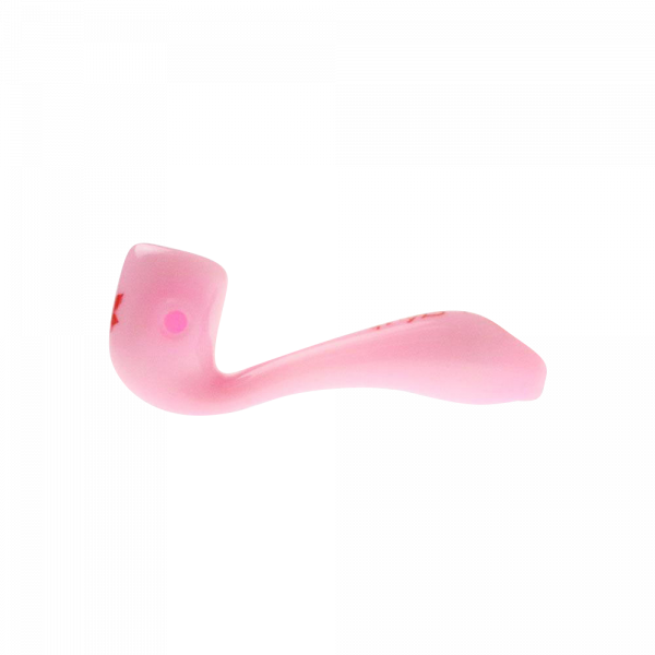 A close-up shot of the “Puff Puff Pass” “Pink Kush” Strain Pipe, showing its curved shape and smooth, pink finish.