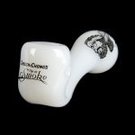 White ceramic pipe with Cheech & Chong's "Up in Smoke" logo and portrait.
