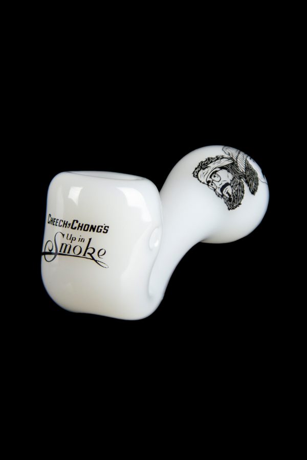 White ceramic pipe with Cheech & Chong's "Up in Smoke" logo and portrait.