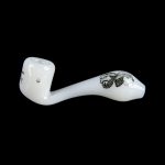 White glass pipe with a detailed skull illustration.
