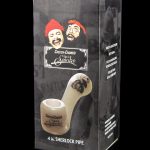 Product packaging for a Cheech & Chong 4-inch Sherlock pipe, featuring artwork of the comedy duo and details about the borosilicate glass pipe.