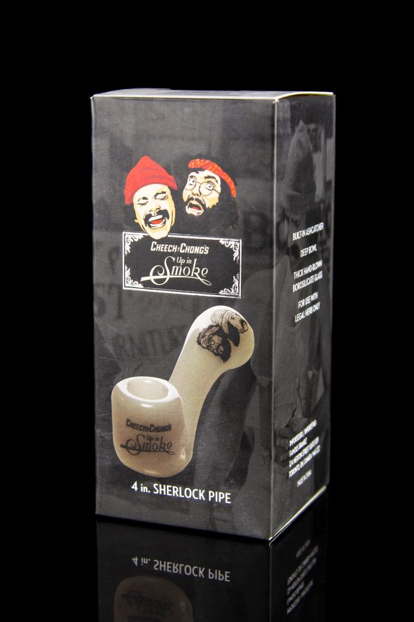 Product packaging for a Cheech & Chong 4-inch Sherlock pipe, featuring artwork of the comedy duo and details about the borosilicate glass pipe.