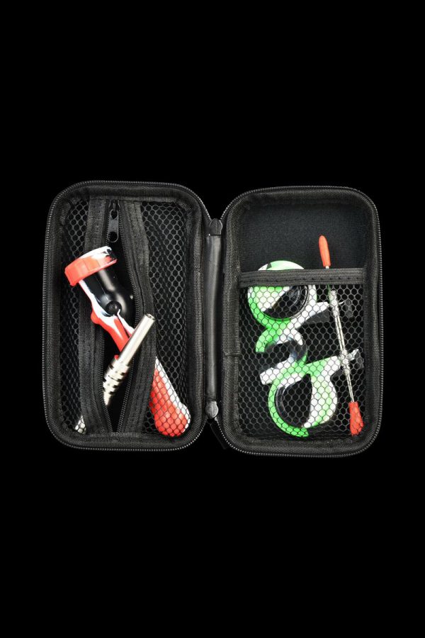 The open Portable Silicone Dab Travel Kit displays a colorful smoking kit against a black, textured background.