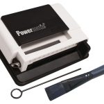 A side view of the Powermatic Mini Cigarette Injector Machine, a white plastic device with a black handle and silver accents.