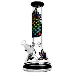 Front view of the Psychedelic Pineapple Beaker Bong, a clear glass bong with a colorful pineapple design near the top.