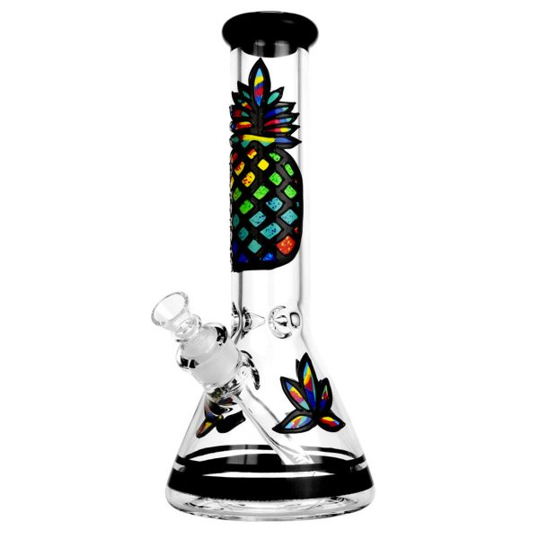 Front view of the Psychedelic Pineapple Beaker Bong, a clear glass bong with a colorful pineapple design near the top.