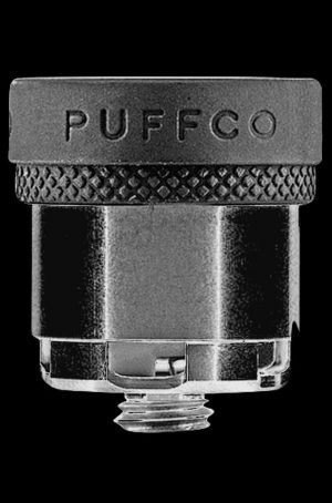 A close-up, angled view of the Puffco Peak Replacement Atomizer, showing its silver metallic finish and textured grip.