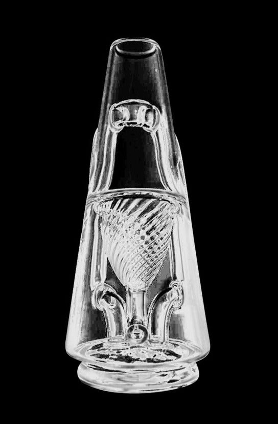 Front view of the Puffco x Ryan Fitt Recycler Glass for Peak & Peak Pro, a clear glass piece with intricate swirling patterns.