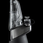 A front view of the Puffco x Ryan Fitt Recycler Glass for Peak & Peak Pro, showing the clear glass with a sleek, modern design.