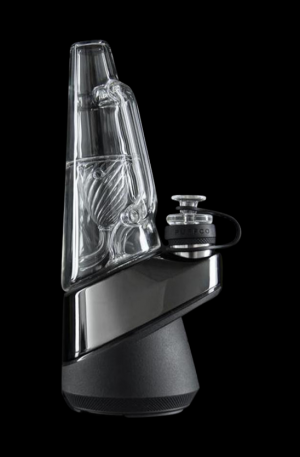 A front view of the Puffco x Ryan Fitt Recycler Glass for Peak & Peak Pro, showing the clear glass with a sleek, modern design.