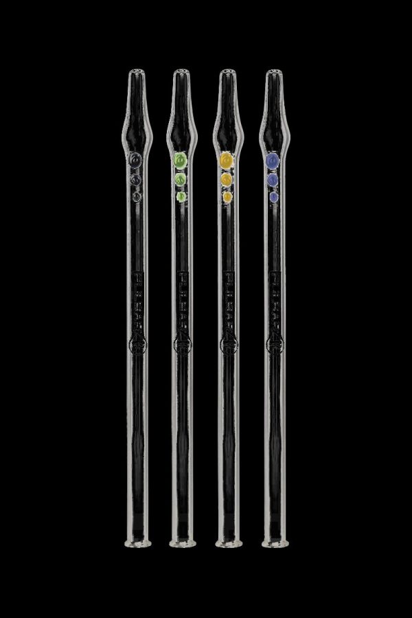 A front view of the Pulsar Glass Vapor Straw Collector, showing three clear glass straws arranged vertically on a black background.