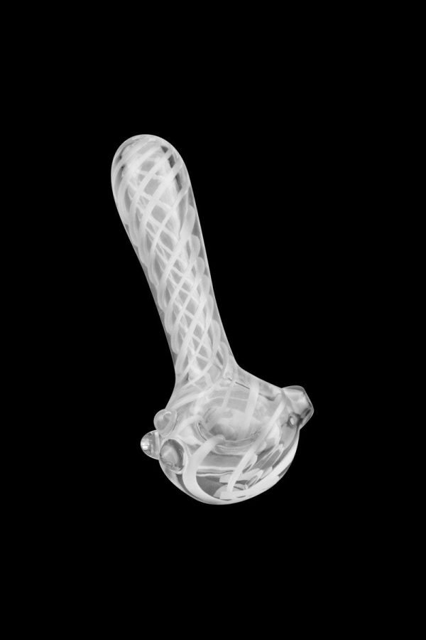 A side view of the Pulsar UV Candy Stripe Spoon Pipe, showing its colorful striped design in clear glass.