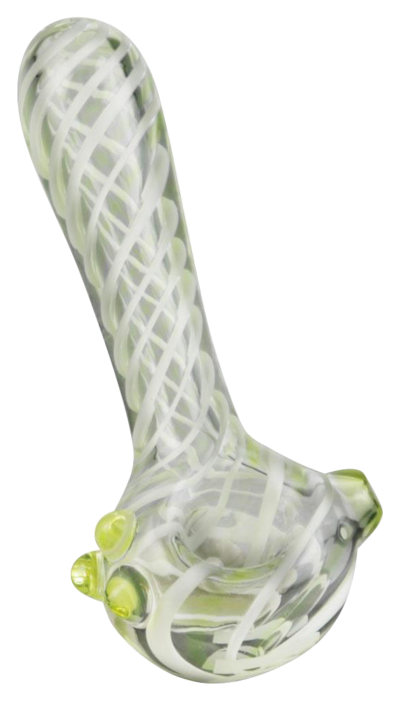 A three-quarter view of the Pulsar UV Candy Stripe Spoon Pipe, featuring a striped pattern in translucent glass.