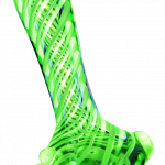 A studio shot of the Pulsar UV Candy Stripe Spoon Pipe, featuring a colorful striped pattern on a handheld glass pipe.