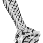 A side view of the Pulsar UV Candy Stripe Spoon Pipe, showing its colorful striped glass design.