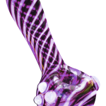 A slightly angled view of the Pulsar UV Candy Stripe Spoon Pipe with a colorful striped pattern in shades of purple and white.