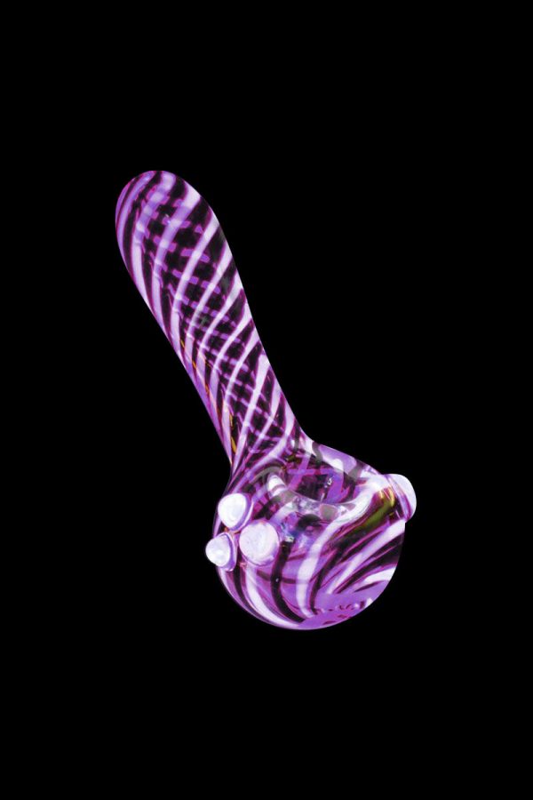 The Pulsar UV Candy Stripe Spoon Pipe is shown in a close-up, angled view, displaying its colorful striped pattern.
