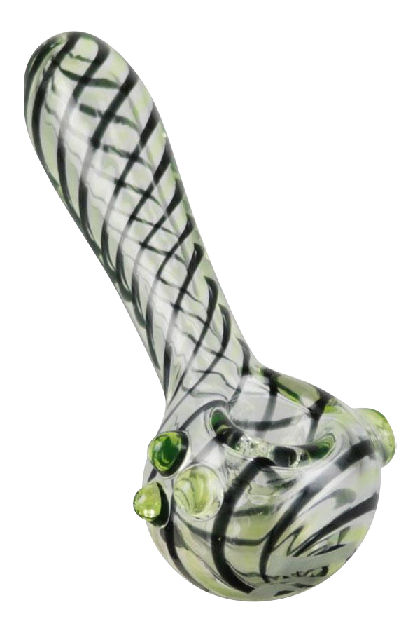 A side view of the Pulsar UV Candy Stripe Spoon Pipe, showcasing its colorful striped glass design.