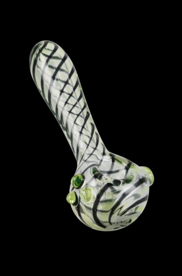 The Pulsar UV Candy Stripe Spoon Pipe is shown in a close-up side view, displaying its colorful striped pattern.