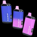 Three purple and blue Pulsar vaporizer cartridges with pink mouthpieces against a black background.