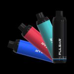 Colorful cannabis vape pens stacked against a black background, displaying the "Pulsar" brand and voltage settings.