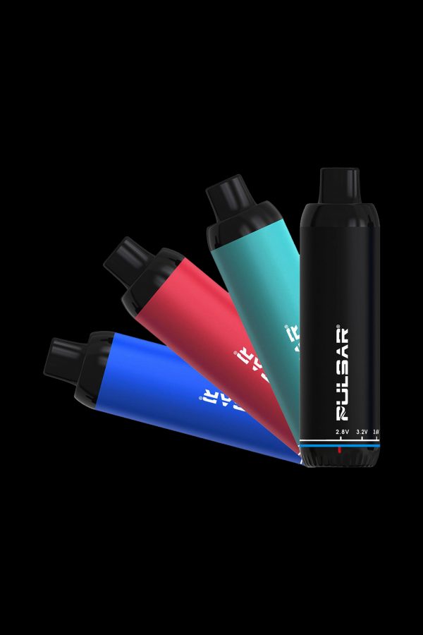Colorful cannabis vape pens stacked against a black background, displaying the "Pulsar" brand and voltage settings.