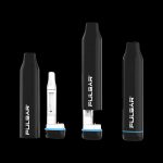 Pulsar vaporizers in black and white, including a pen-style device and a larger, cylindrical model.