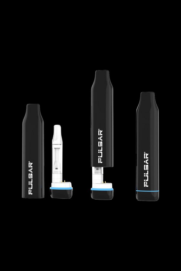 Pulsar vaporizers in black and white, including a pen-style device and a larger, cylindrical model.