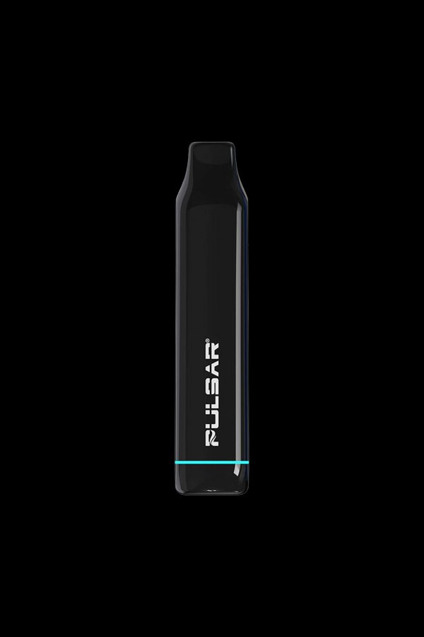 Sleek black cannabis vape pen with blue accents and vertical branding.
