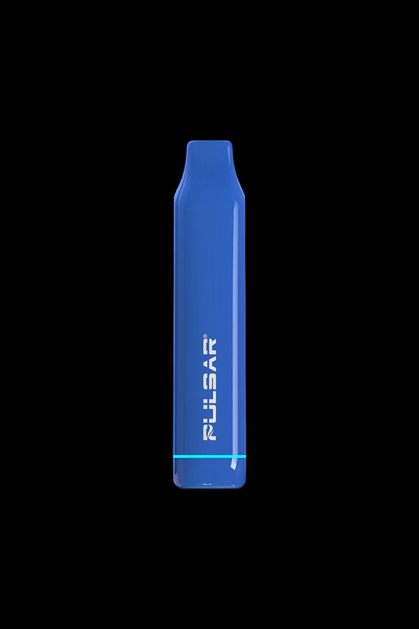 Blue cannabis disposable vape pen with “Pulsar” branding.