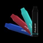 Colorful cannabis vape pens fanned around a charging base with branding.