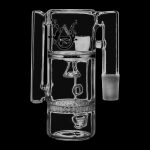 A front view of the Pulsar 90° Honeycomb Showerhead Recycler Ash Catcher, highlighting its clear glass construction and angled design.