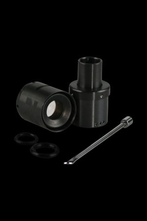 A close-up, angled view of the Pulsar APX VOLT Blackout Atomizer Tank, showing its black metallic construction and cylindrical shape.