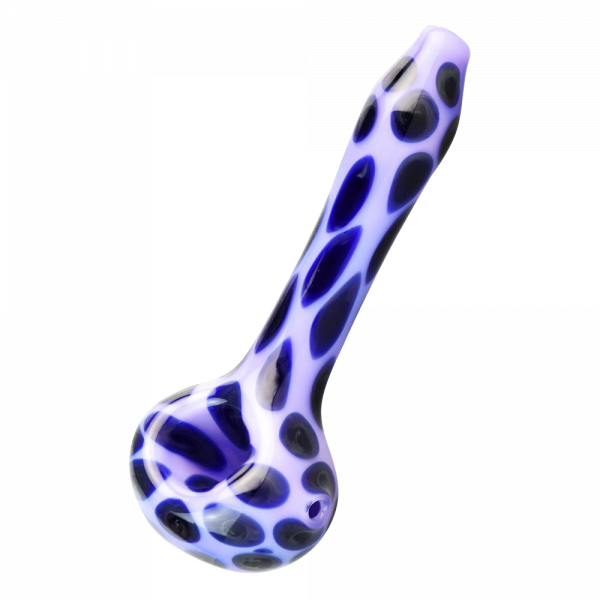 A three-quarter view of the Pulsar Animal Spots Spoon Pipe, featuring a spotted pattern on the bowl and stem.
