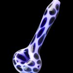 A three-quarter view of the Pulsar Animal Spots Spoon Pipe, featuring a spotted pattern on clear glass.
