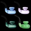 Four colorful glass bubblers with curved stems against a black background.
