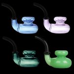 Four colorful glass bubblers with curved stems against a black background.