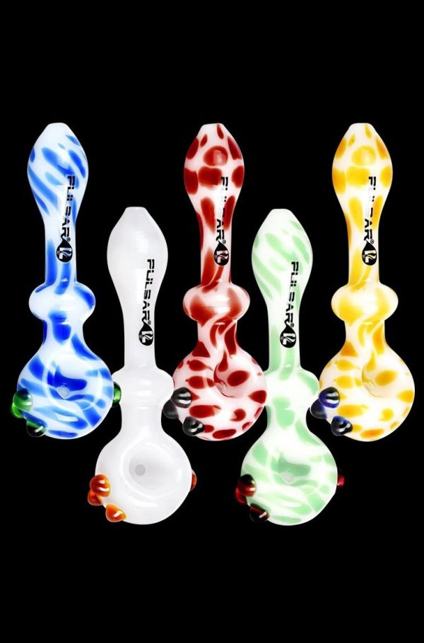 A close-up, angled view of the Pulsar Creme Color Swirl Hand Pipe, showcasing its marbled cream and brown color pattern.