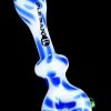 A studio shot of the Pulsar Creme Color Swirl Hand Pipe with a dynamic swirl pattern in shades of blue and white.