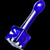 A three-quarter view showcases the Pulsar Cube Universe Spoon Pipe in vibrant blue glass, displaying its unique geometric shape.