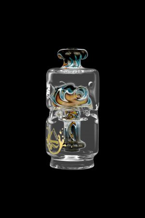 Clear glass water pipe with colorful swirling patterns and a gold “710” logo, studio shot on black.